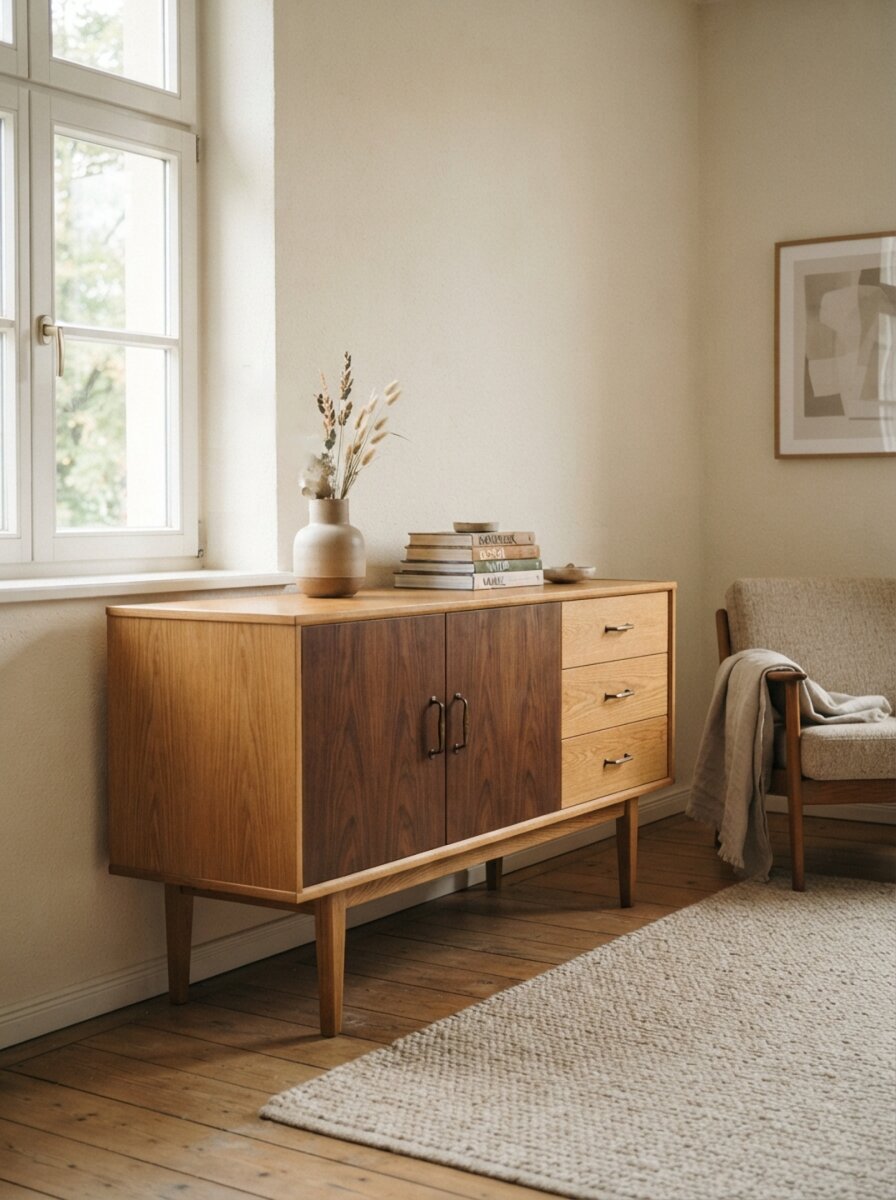 Sideboard aus Eiche und Nussbaum mit Schubladen in einem hellen Wohnraum